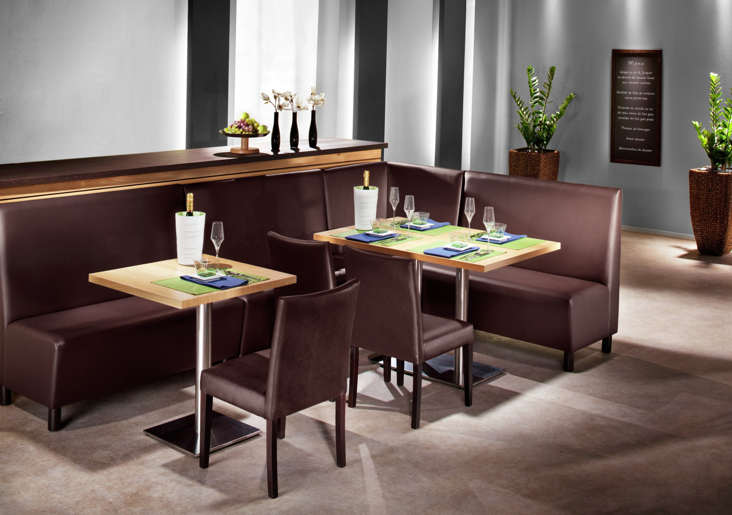 VEGA Medley 2-Seater Upholstered Bench, Brown Imitation Leather, Solid Beech Wood Base, High Backrest, Fire-Retardant, 118x62x102 cm
