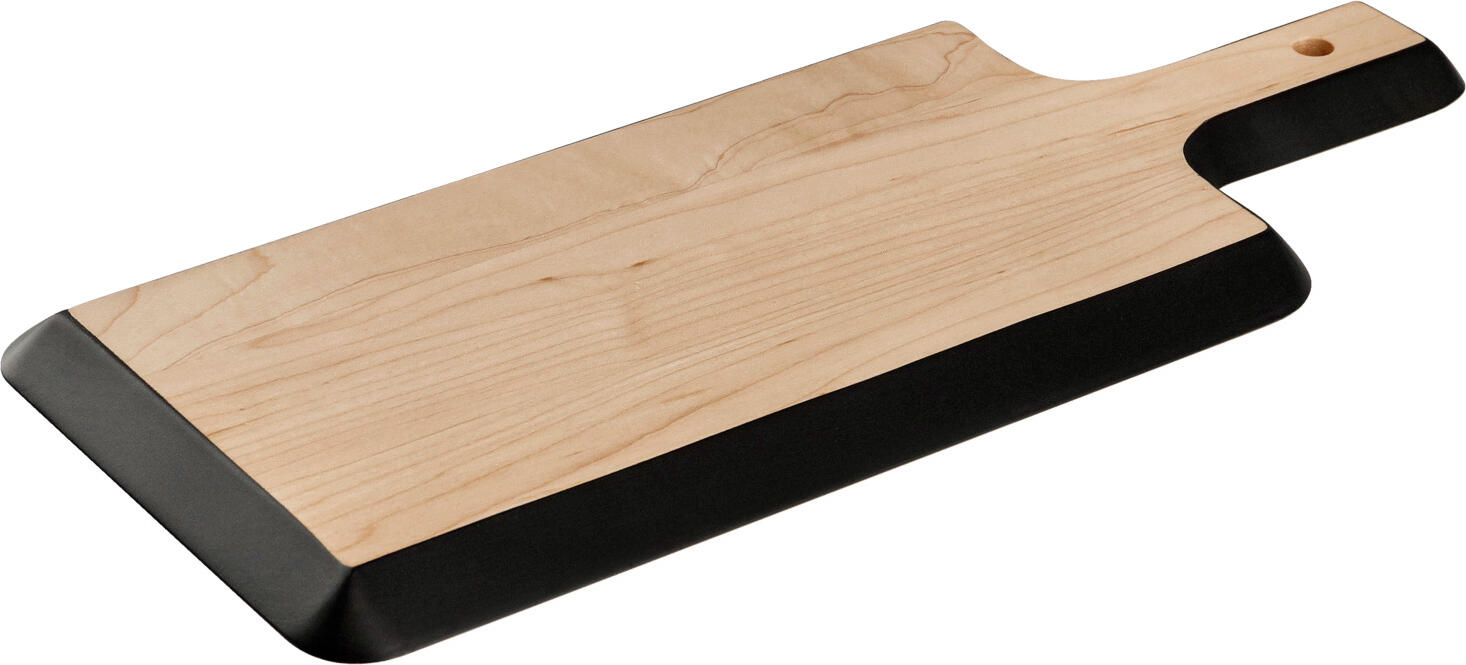 VEGA Belbo Serving Board, Lacquered Maple Wood Food Board, 44x19x1.9 cm, Maple/Black with Writable Chalk Edge, Handle and Hanging Hole