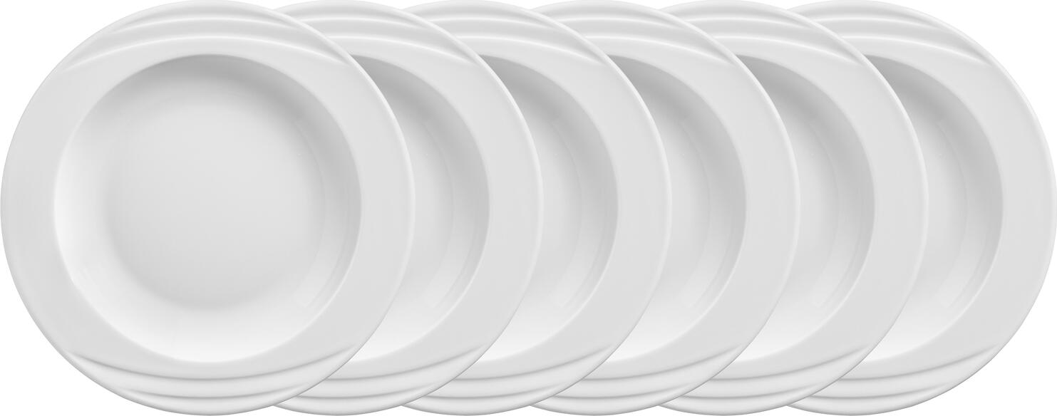 PULSIVA LUSINI Solutions GmbH Plate Melody deep Teller Melody tief Plate Melody deep; 290 ml, 23x3.1 cm (ØxH); white; round; 6 piece / pack Teller Melody tief; 290 ml, 23x3.1 cm (ØxH); weiß; rund; 6 Stück / Pack White plate made of porcelain. With elegant relief. Extremely robust. Dishwasher safe and microwaveable. Weißer Teller aus Porzellan. Mit elegantem Relief. Äußerst robust. Spülmaschinenfest und mikrowellengeeignet.