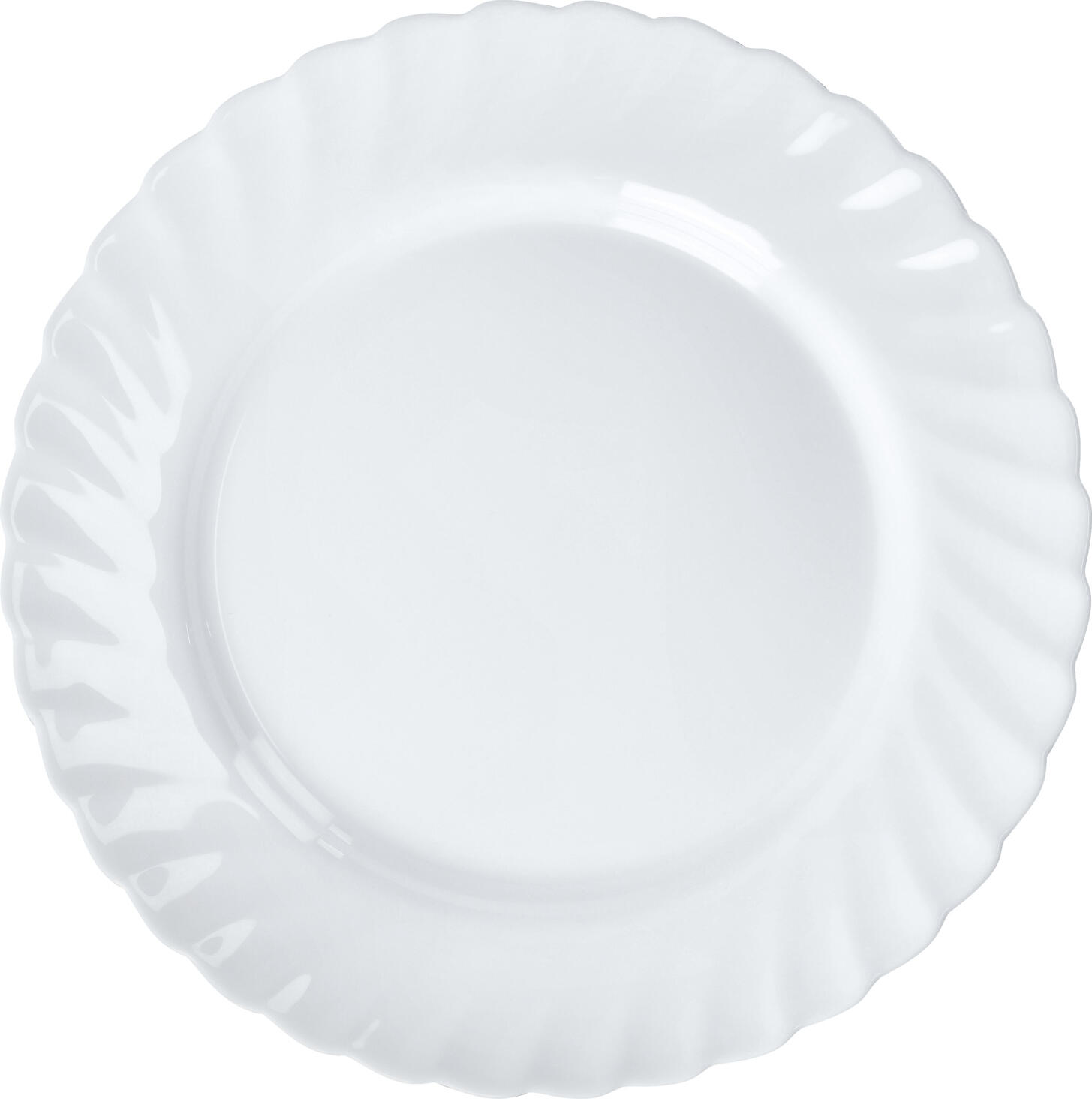 Arcoroc Arc France SAS Plate Trianon flat Teller Trianon flach Plate Trianon flat; 27 cm (Ø); white; round; 6 piece / pack Teller Trianon flach; 27 cm (Ø); weiß; rund; 6 Stück / Pack Flat plate made of tempered opal glass with fine relief. Particularly robust and shock resistant. Stackable, dishwasher safe and microwaveable. Flaches Teller aus gehärtetem Opalglas mit feinem Relief. Besonders robust und stoßfest. Stapelbar, spülmaschinenfest und mikrowellengeeignet.