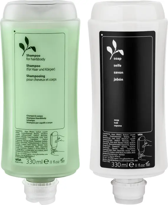Set de 2 piese mostre dozatoare cosmetice de hotel V-Touch Green Tea, 330 ml Sampon/Gel de Dus și Sapun Lichid, pH neutru