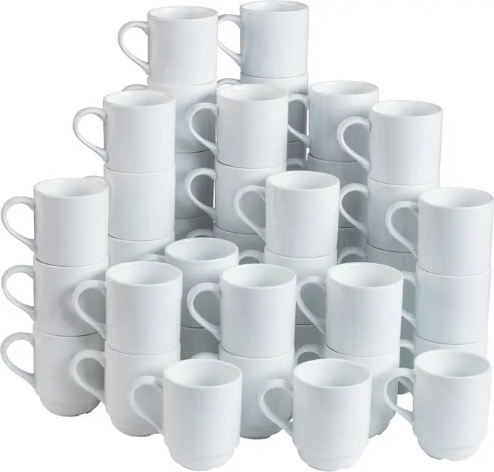Cani de cafea din porțelan PULSIVA Yari, 250ml, Albe, Stivuibile, Compatibile cu Cuptorul cu Microunde și Mașina de Spălat Vase, Set de 48 piese