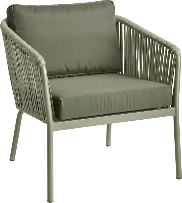 VEGA LUSINI Esperia Outdoor Lounge Chair, Olive, Powder-Coated Aluminum Frame, 15mm Rope Wicker, Olefin Fabric Cushions, Stackable, 80x75x79 cm