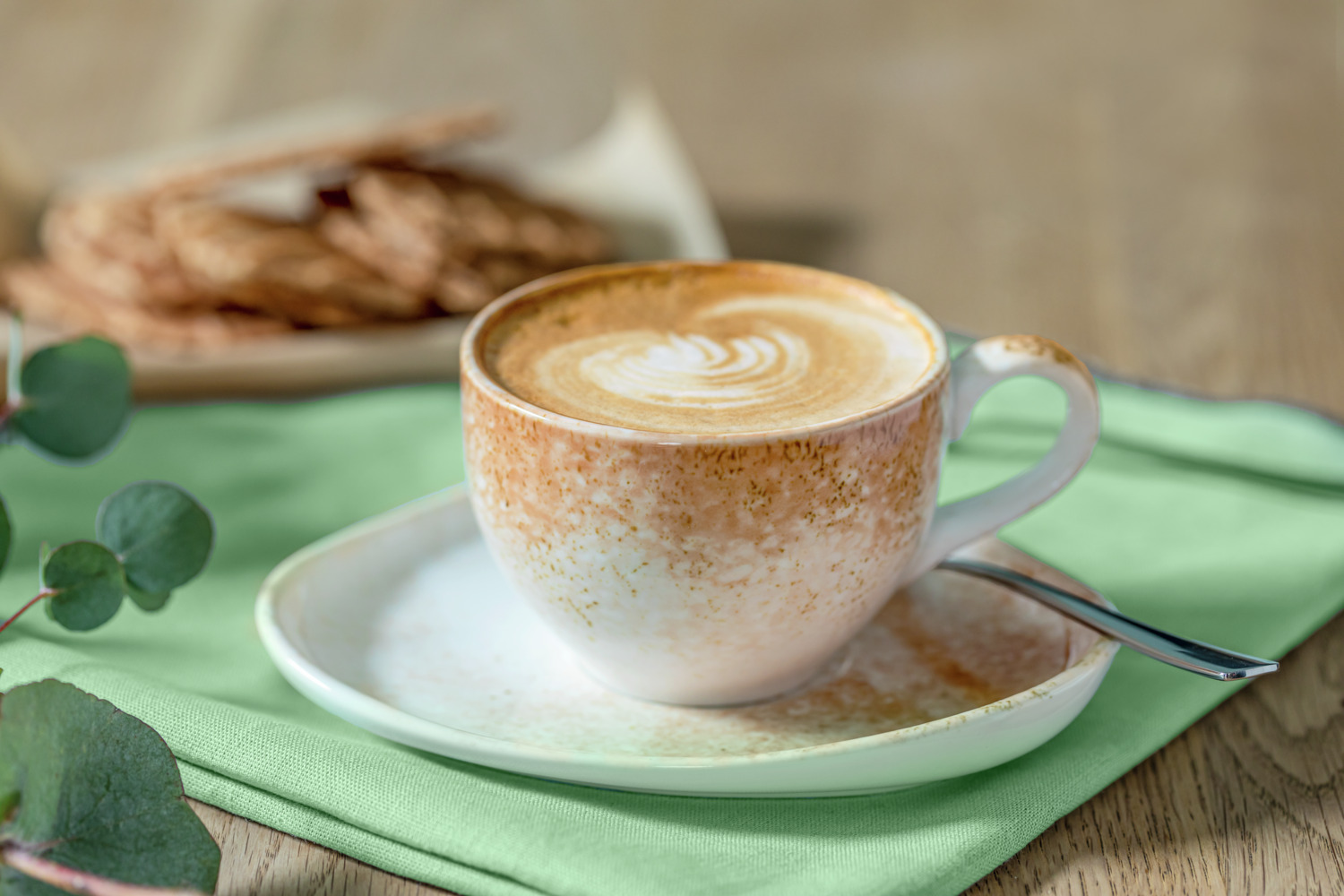 Vega Purior Porcelain Coffee Cup Set of 6, 200 ml, Hand-Painted White/Brown, Dishwasher and Microwave Safe