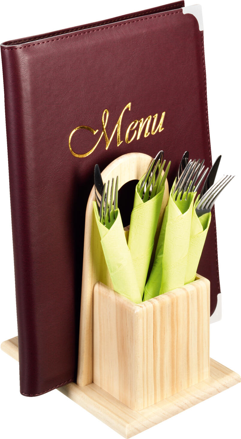 Tava pentru tacuri PULSIVA Combo, suport tacuri din lemn de pin cu slot pentru meniuri si servete, lacuit sigur pentru alimente, bej natural, 20x15x23 cm