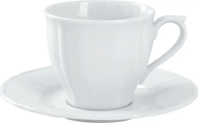 Ceașca de cafea din porțelan VEGA LUSINI Solutions GmbH Amely, Înălțime 74 mm, Albă, Design Vintage cu Relief și Margini Decorative, Compatibilă cu Mașina de Spălat Vase și Cuptorul cu Microunde