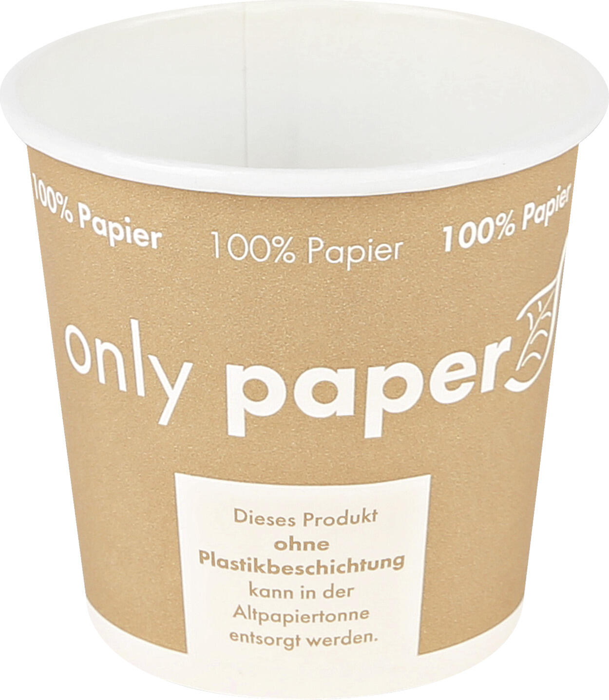 NATUREStar Drinking cup Only Paper Trinkbecher Only Paper Drinking cup Only Paper; 100 ml, 6.2x6 cm (ØxH); brown; 50 piece / pack Trinkbecher Only Paper; 100 ml, 6.2x6 cm (ØxH); braun; 50 Stück / Pack Sustainable organic coffee cup made from 100% sturdy hard paper. Water-based seal on the inside, without plastic coating. Fully recyclable via waste paper. Nachhaltiger Bio-Kaffeebecher aus 100 % stabilem Hartpapier. Innenseite auf Wasserbasis versiegelt, ohne Plastik-Beschichtung. Vollständig recyclebar über das Altpapier.