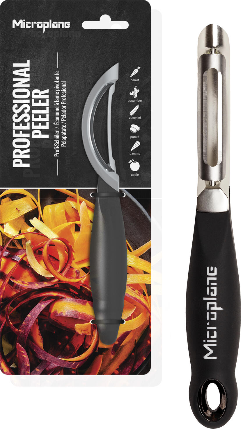 Microplane Professional Universal Peeler, Double-Sided Swivel Razor-Sharp 18/10 Stainless Steel Blade, Ergonomic Soft-Touch Rubber Handle, Black, 18.5 cm