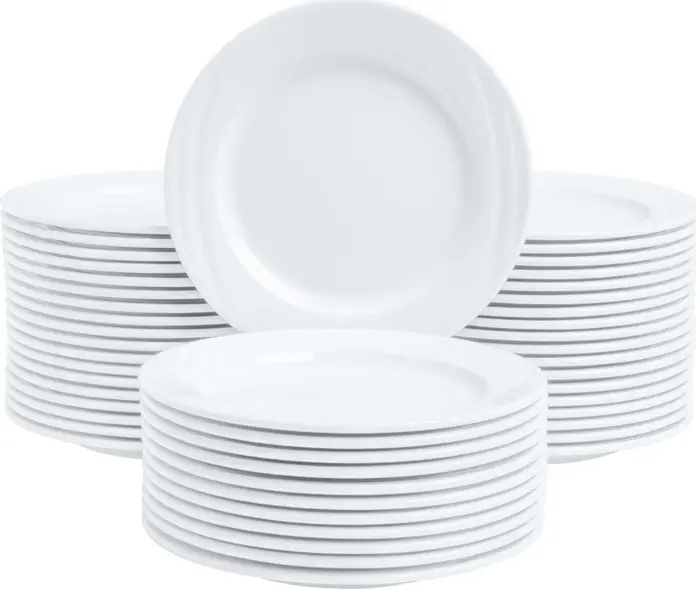 PULSIVA LUSINI Solutions GmbH Value pack flat plate Melody 48-piece Vorteilspack Teller flach Melody 48-teilig Value pack flat plate Melody 48-piece; 19.9 cm (Ø); white; round; 48 piece / pack Vorteilspack Teller flach Melody 48-teilig; 19.9 cm (Ø); weiß; rund; 48 Stück / Pack White plate made of porcelain. With elegant relief. Extremely robust. Dishwasher safe and microwaveable. Weißer Teller aus Porzellan. Mit elegantem Relief. Äußerst robust. Spülmaschinenfest und mikrowellengeeignet.