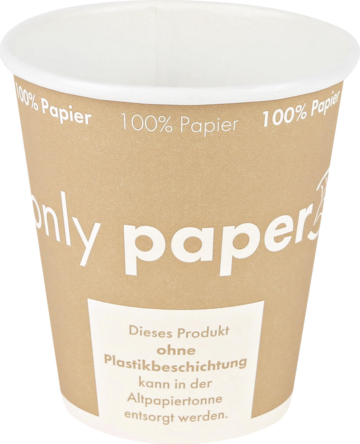 NATUREStar Drinking cup Only Paper Trinkbecher Only Paper Drinking cup Only Paper; 250 ml, 9x9.5 cm (ØxH); brown; 50 piece / pack Trinkbecher Only Paper; 250 ml, 9x9.5 cm (ØxH); braun; 50 Stück / Pack Sustainable organic coffee cup made from 100% sturdy hard paper. Water-based seal on the inside, without plastic coating. Fully recyclable via waste paper. Nachhaltiger Bio-Kaffeebecher aus 100 % stabilem Hartpapier. Innenseite auf Wasserbasis versiegelt, ohne Plastik-Beschichtung. Vollständig recyclebar über das Altpapier.