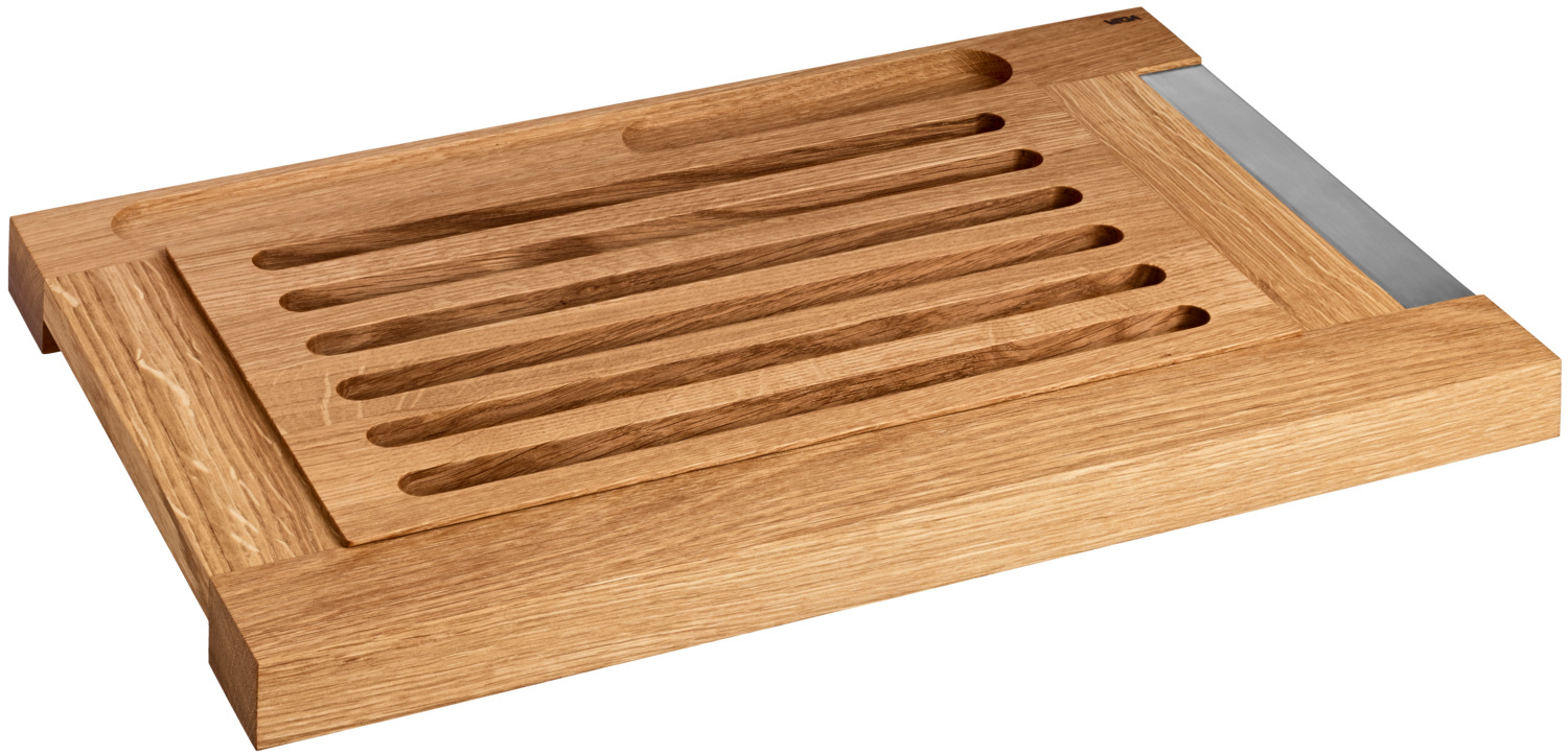 VEGA Biloxi Bread Chopping Board, Oiled Oak Wood, 46x30x3 cm, with Magnetic Stainless Steel Crumb Tray and Non-Slip Rubber Feet, Brown