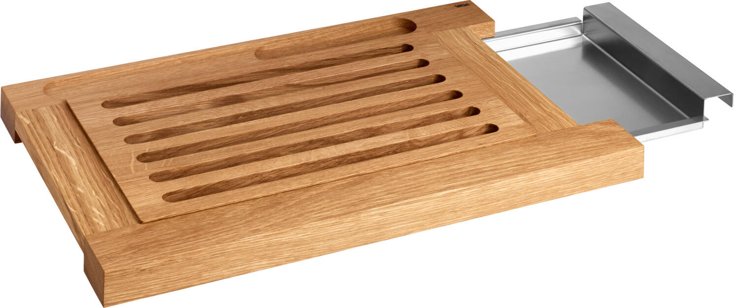 VEGA Biloxi Bread Chopping Board, Oiled Oak Wood, 46x30x3 cm, with Magnetic Stainless Steel Crumb Tray and Non-Slip Rubber Feet, Brown