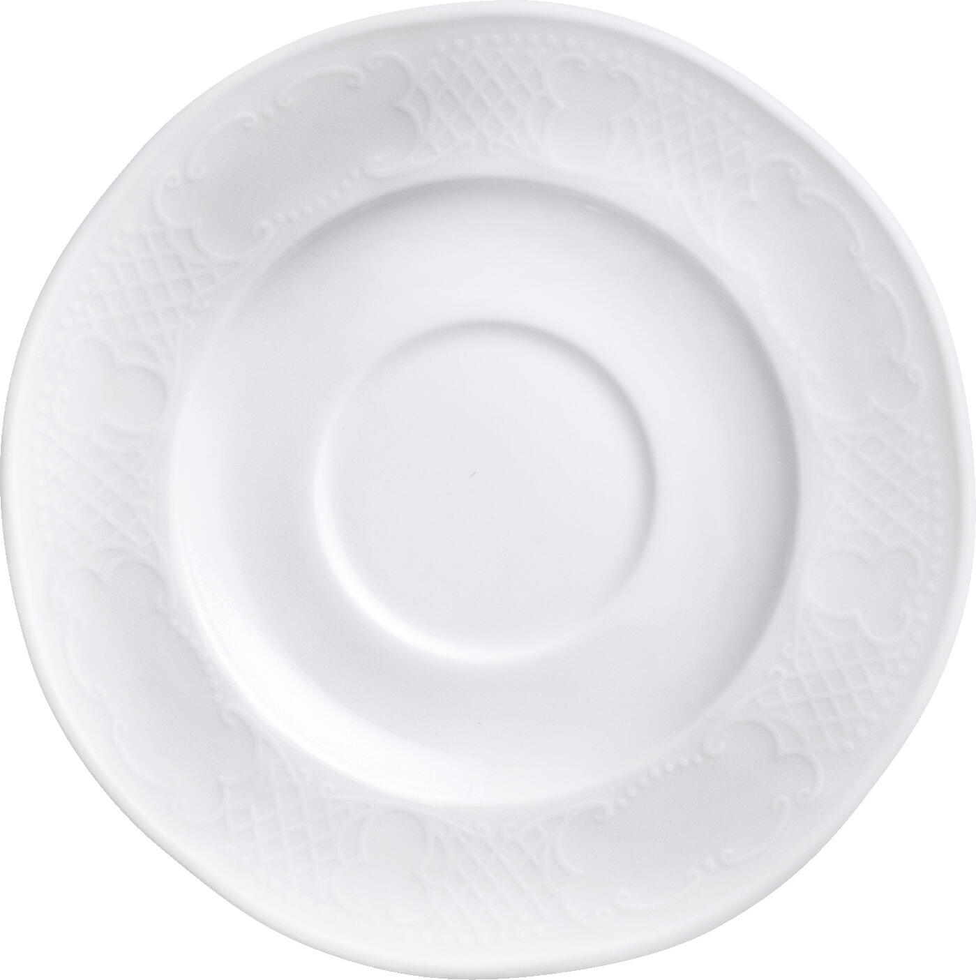 VEGA Minuett Espresso Saucers, White Porcelain with Filigree Relief, 11.5 cm Diameter, Dishwasher and Microwave Safe, Set of 6
