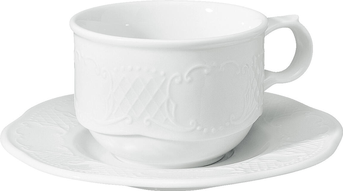 Farfurii pentru ceai si cafea VEGA Menuett din porțelan, albe, rotunde cu relief filigran, diametru 14.5 cm, set de 6 piese
