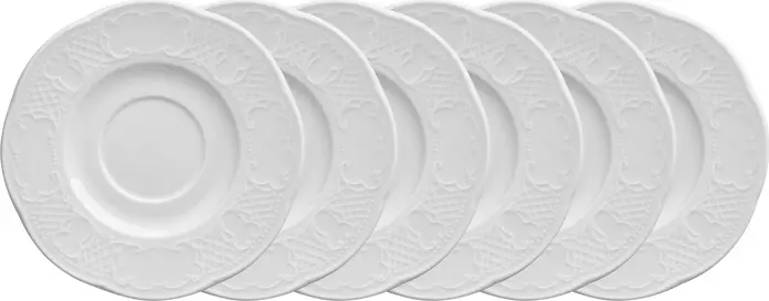 Farfurii pentru ceai si cafea VEGA Menuett din porțelan, albe, rotunde cu relief filigran, diametru 14.5 cm, set de 6 piese