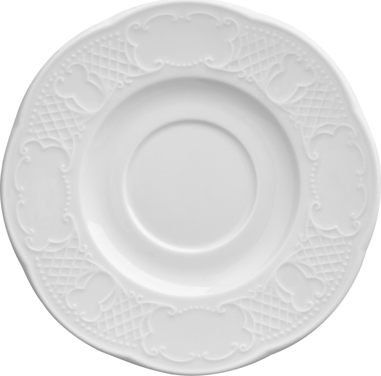 Farfurii pentru ceai si cafea VEGA Menuett din porțelan, albe, rotunde cu relief filigran, diametru 14.5 cm, set de 6 piese
