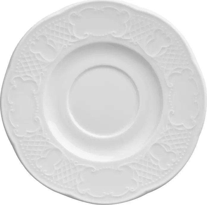 Farfurii pentru ceai si cafea VEGA Menuett din porțelan, albe, rotunde cu relief filigran, diametru 14.5 cm, set de 6 piese