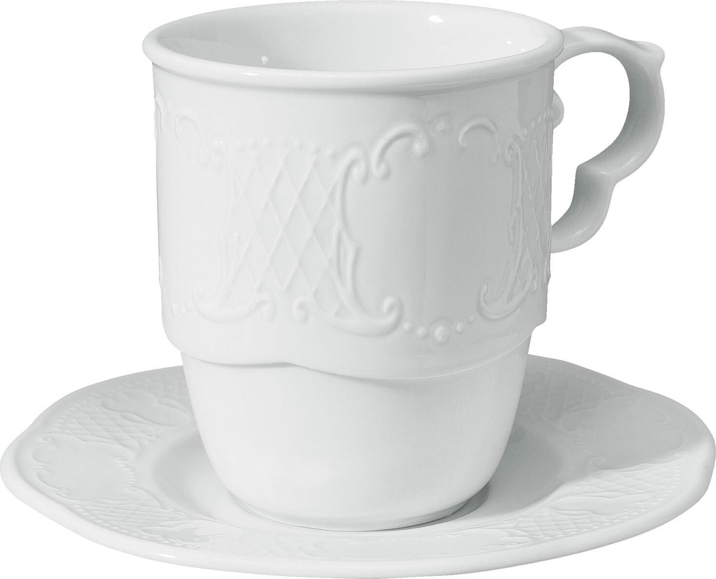 Farfurii pentru ceai si cafea VEGA Menuett din porțelan, albe, rotunde cu relief filigran, diametru 14.5 cm, set de 6 piese