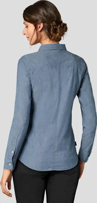 Женская блузка Jobeline из шамбре с длинным рукавом, приталенный крой Slim Fit, 100% хлопок, воротник на пуговицах и нагрудный карман, синий, размер 36