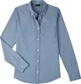 Женская блузка Jobeline из шамбре с длинным рукавом, приталенный крой Slim Fit, 100% хлопок, воротник на пуговицах и нагрудный карман, синий, размер 36
