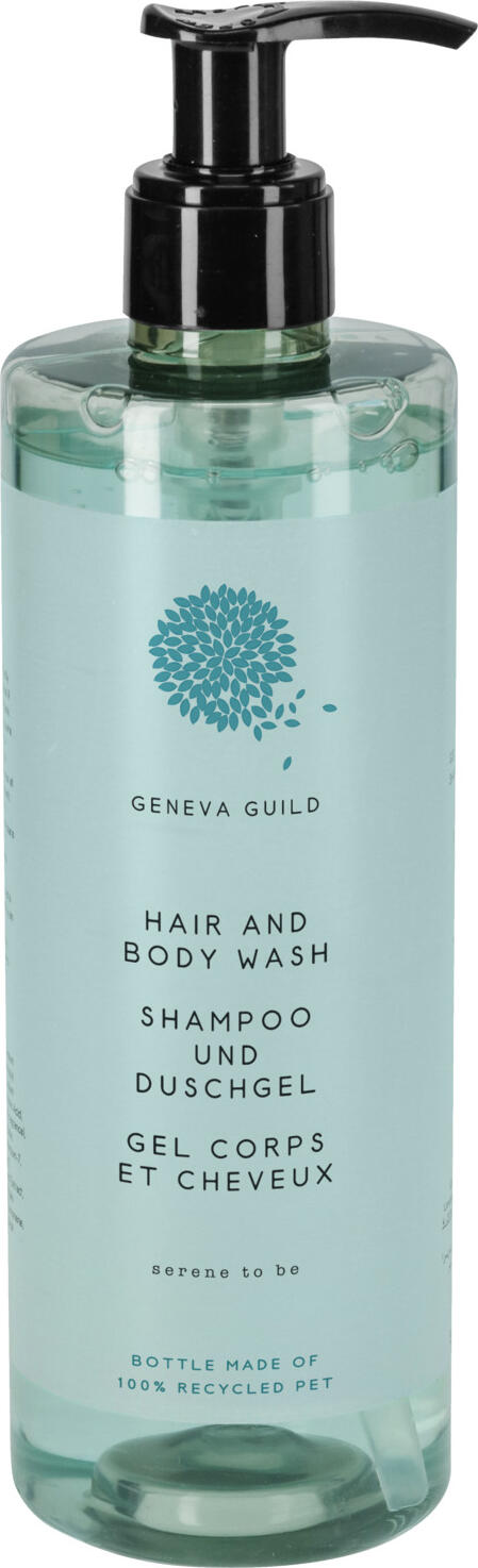 V-Touch LUSINI Solutions GmbH Shampoo & shower gel Geneva Guild 2 in 1 in pump dispenser Hotel Shampoo und Duschgel Geneva Guild 2 in 1 im Pumpspende Shampoo & shower gel Geneva Guild 2 in 1 in pump dispenser; 380 ml; blue; 18 piece / pack Hotel Shampoo und Duschgel Geneva Guild 2 in 1 im Pumpspender; 380 ml; blau; 18 Stück / Pack Mild, combined hair shampoo and shower gel Geneva Guild. A two-in-one care product in a class of its own. The gently cleansing shampoo and shower gel is suitable for all hair and skin types. The exquisite fragrance nuances ensure a fresh and hygienic feeling. Enriched with extracts of organic green anise and lemon balm. Dermatologically tested and pH-neutral. The practical pump dispenser made of rPET can be refilled easily and flexibly. The entire packaging is 100% recyclable. Pump bottle capacity: 380 ml. Order matching holder separately. Mildes, kombiniertes Haarshampoo und Duschgel Geneva Guild. Ein zwei-in-eins-Pflegeprodukt der Extraklasse. Das zart reinigende Shampoo- und Duschgel ist für jeden Haar- und Hauttyp geeignet. Die auserlesenen Duftnuancen sorgen für ein frisches und hygienisches Gefühl. Mit Extrakten von biologischem grünen Anis und Melisse angereichert. Dermatologisch getestet und pH-neutral! Der praktische Pumpspender aus rPET lässt sich einfach und flexibel nachfüllen. Die gesamte Verpackung ist zu 100 % recycelbar. Pumpflasche Inhalt: 380 ml. Passende Halterung separat dazu bestellen