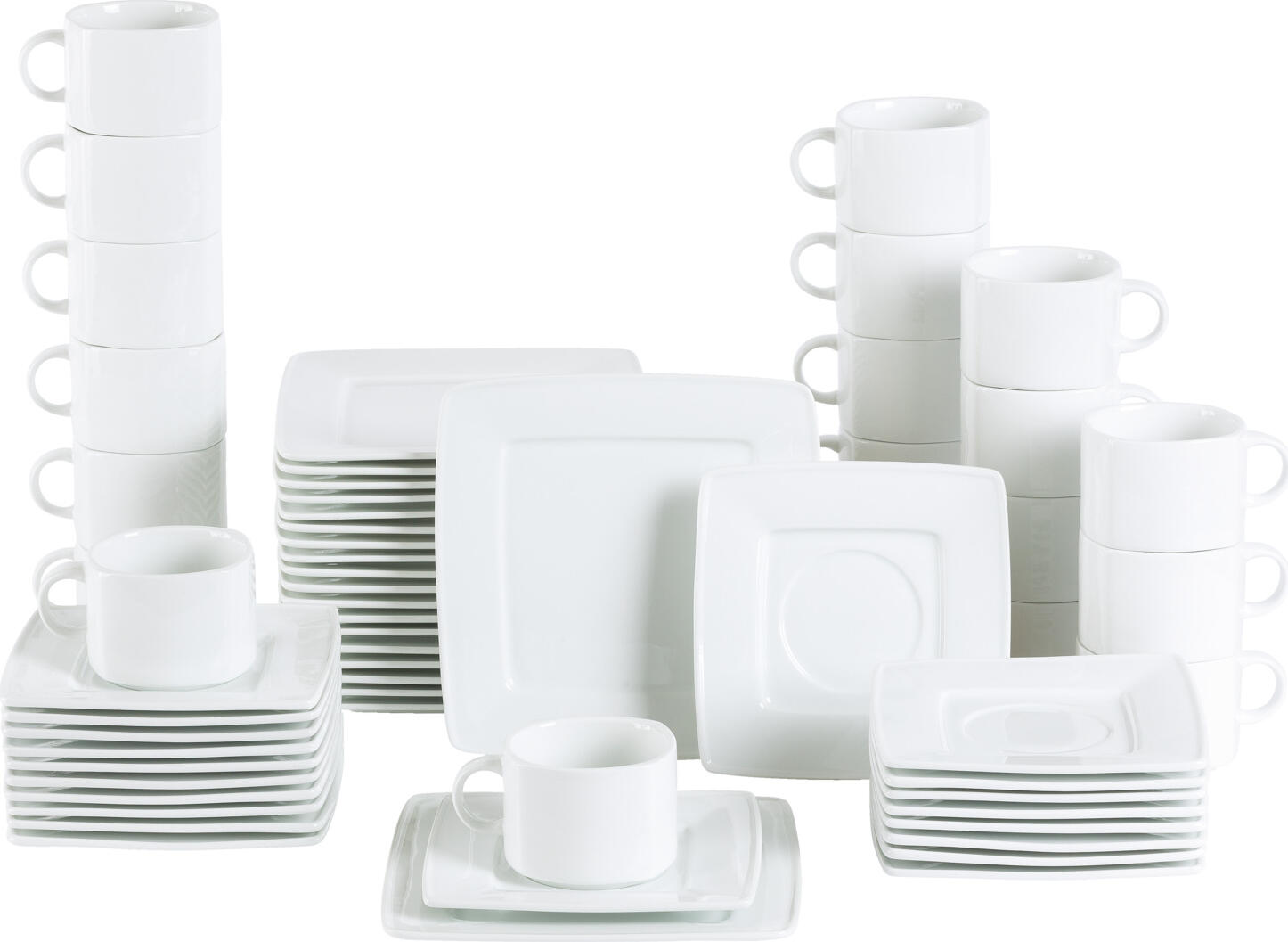 Set de cafea Pulsiva Jazz, 60 piese din porțelan alb, 20 cești 190ml, 20 farfurii de cafea, 20 farfurii plate, formă pătrată modernă, rezistent la cuptorul cu microunde și mașina de spălat vase