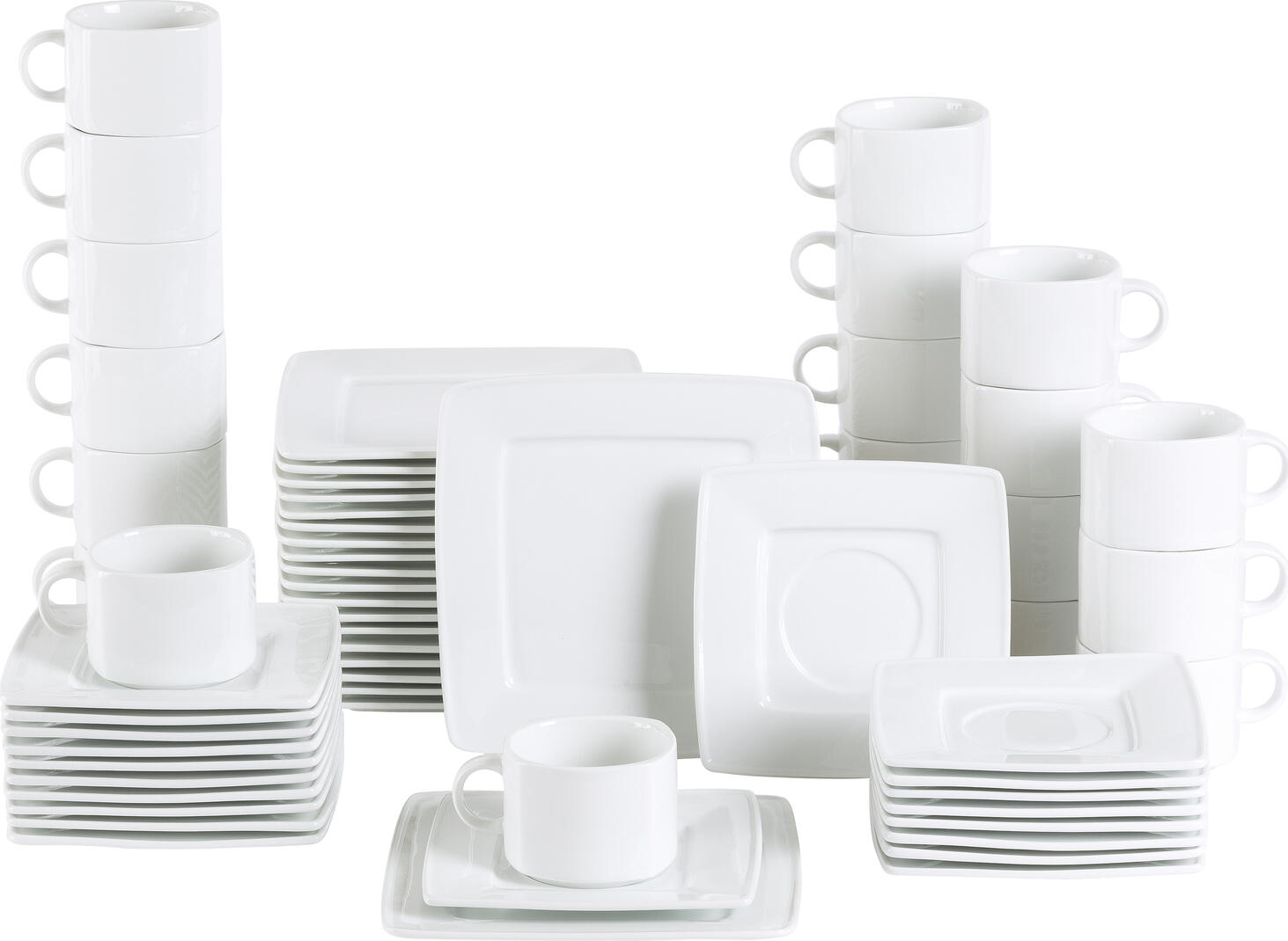 Set de cafea Pulsiva Jazz, 60 piese din porțelan alb, 20 cești 190ml, 20 farfurii de cafea, 20 farfurii plate, formă pătrată modernă, rezistent la cuptorul cu microunde și mașina de spălat vase