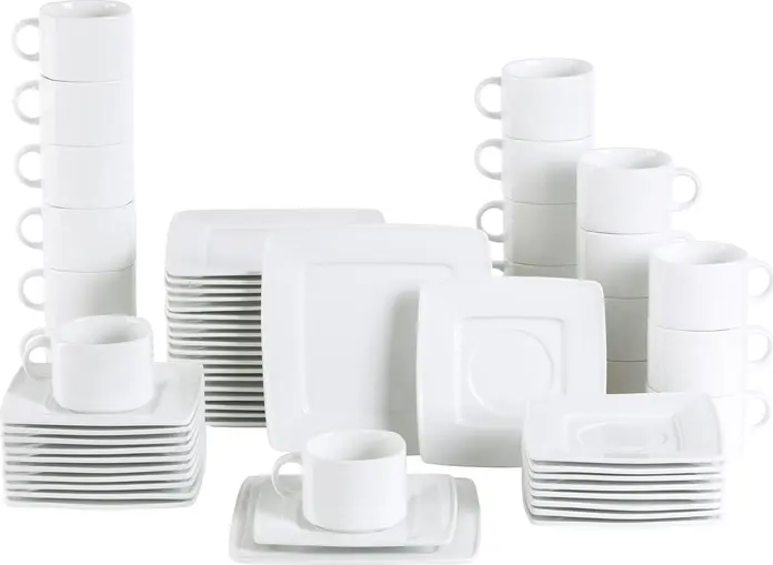 Set de cafea Pulsiva Jazz, 60 piese din porțelan alb, 20 cești 190ml, 20 farfurii de cafea, 20 farfurii plate, formă pătrată modernă, rezistent la cuptorul cu microunde și mașina de spălat vase