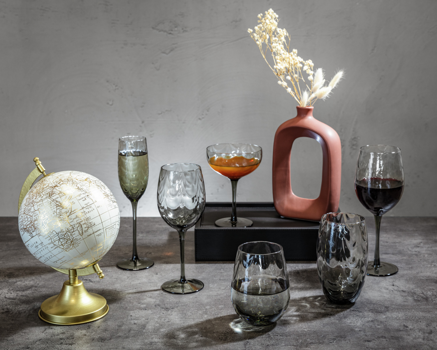 Vega Benice Cocktail Coupe Glasses, Mouth-Blown Dyed Glass, Grey, 380 ml, Dishwasher Safe, Set of 4