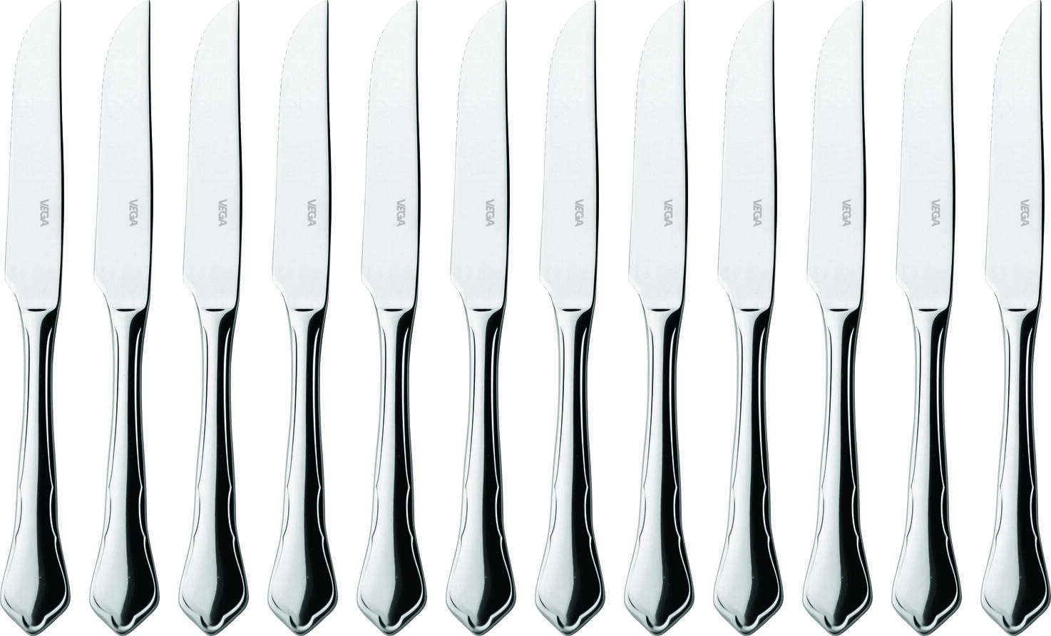 VEGA Chippendale Pizza Steak Knife Set of 12, Mirror Polished Chrome Stainless Steel 13/0, 22.2 cm, Silver, Dishwasher Safe