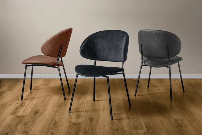 Scaun Tapitat VEGA Lindo, Piele Ecologica Maro, Cadru Otel Vopsit in Praf, 55x65x85 cm, Design Industrial Ergonomic Ignifug