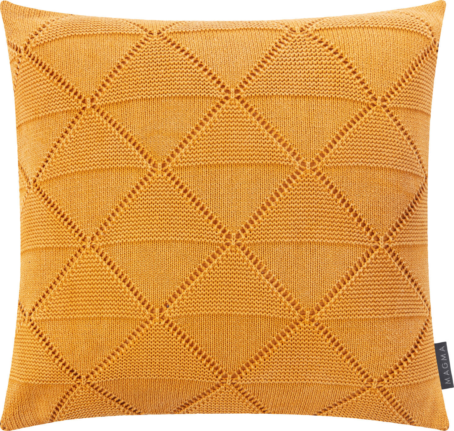 Husa Perna Decorativa MAGMA Senna, Mustard, 50x50 cm Patrata, Tricot din Bumbac 100% cu Model Hash, Fermoar, Fara Umplutura