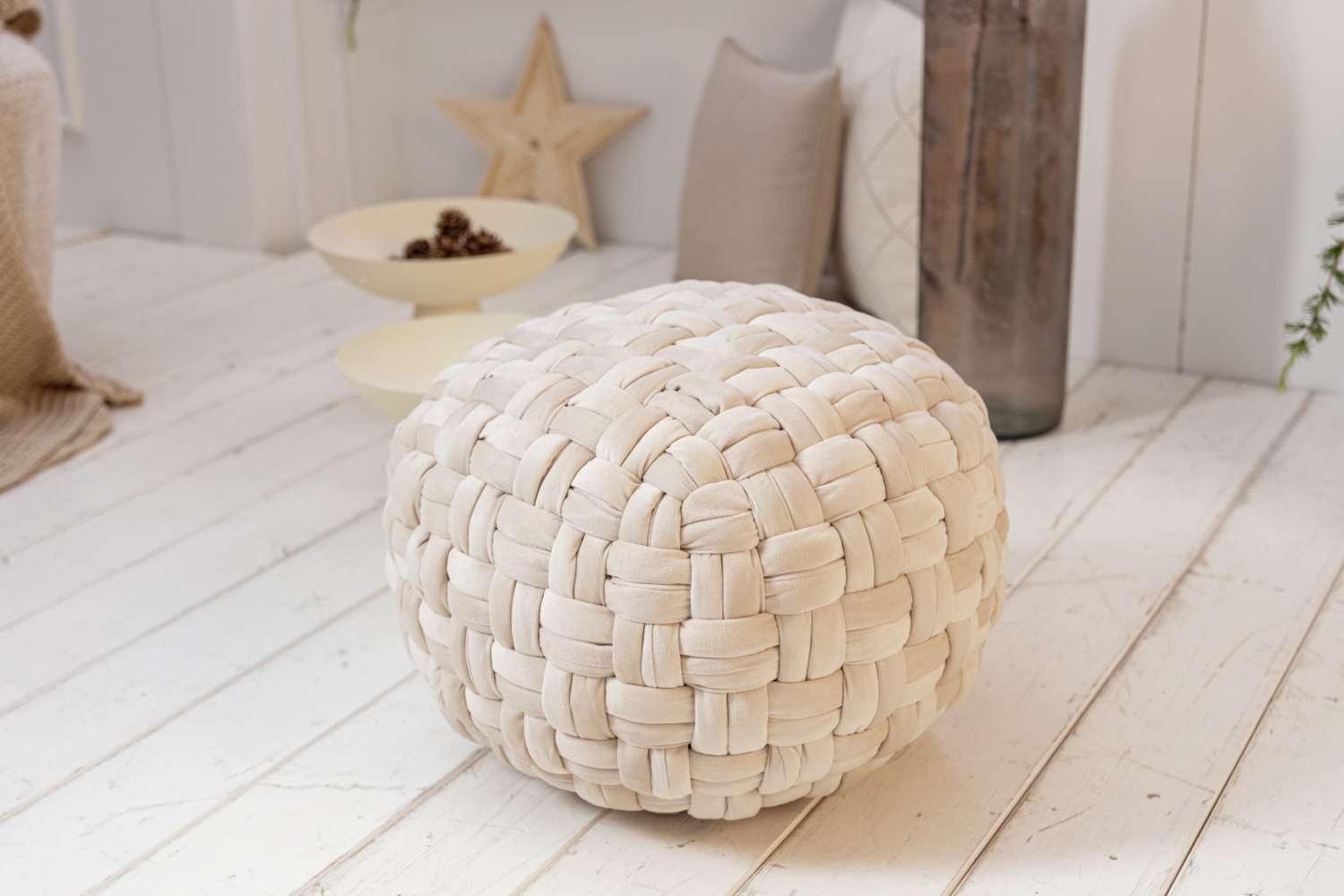 Vega Armeda Decorative Pouf, Hand-Knotted Polyester Velvet Bean Bag Chair, Beige, 48 cm Diameter x 33 cm Height