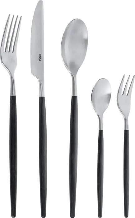 Set de sample tacâmuri VEGA Turin 5 piese, oțel inoxidabil 18/0, mâner din plastic sintetic POM negru, design slim modern clasic, rezistent la mașina de spălat vase