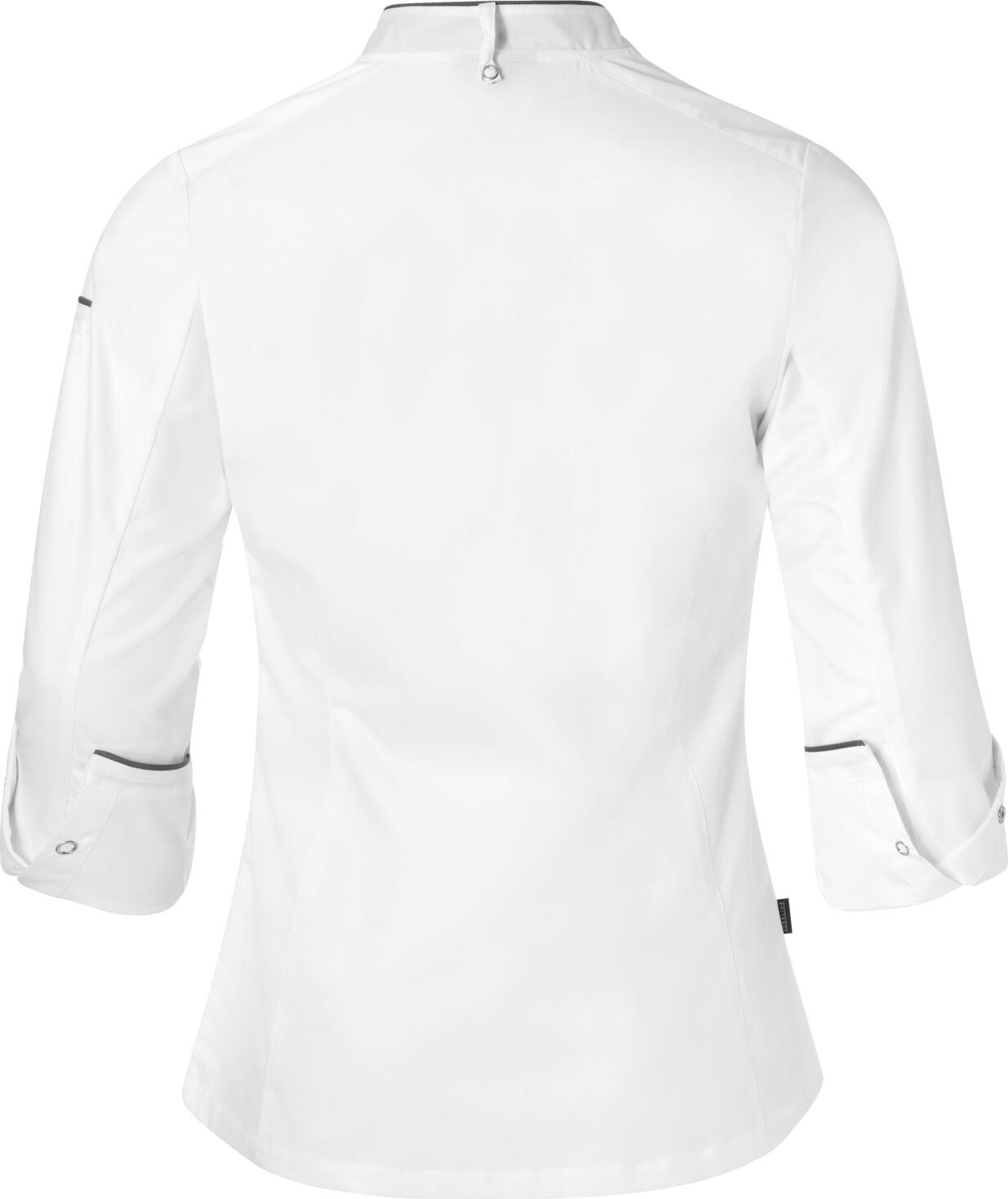 Jobeline Professional Women's Chef Jacket, 100% Cotton, White with Grey Piping, Long Sleeve, Snap Button Fastening, 175 g/m²