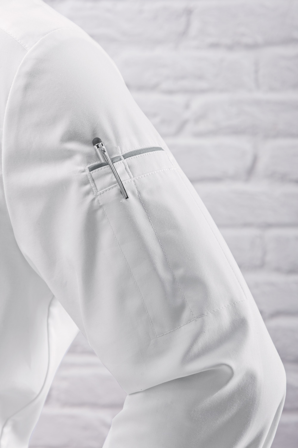 Jobeline Professional Women's Chef Jacket, 100% Cotton, White with Grey Piping, Long Sleeve, Snap Button Fastening, 175 g/m²