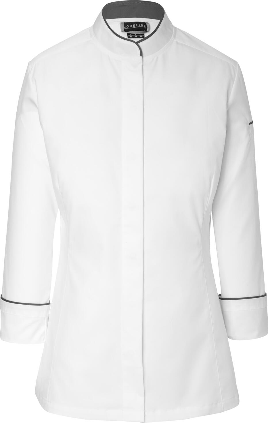 Jobeline Professional Women's Chef Jacket, 100% Cotton, White with Grey Piping, Long Sleeve, Snap Button Fastening, 175 g/m²