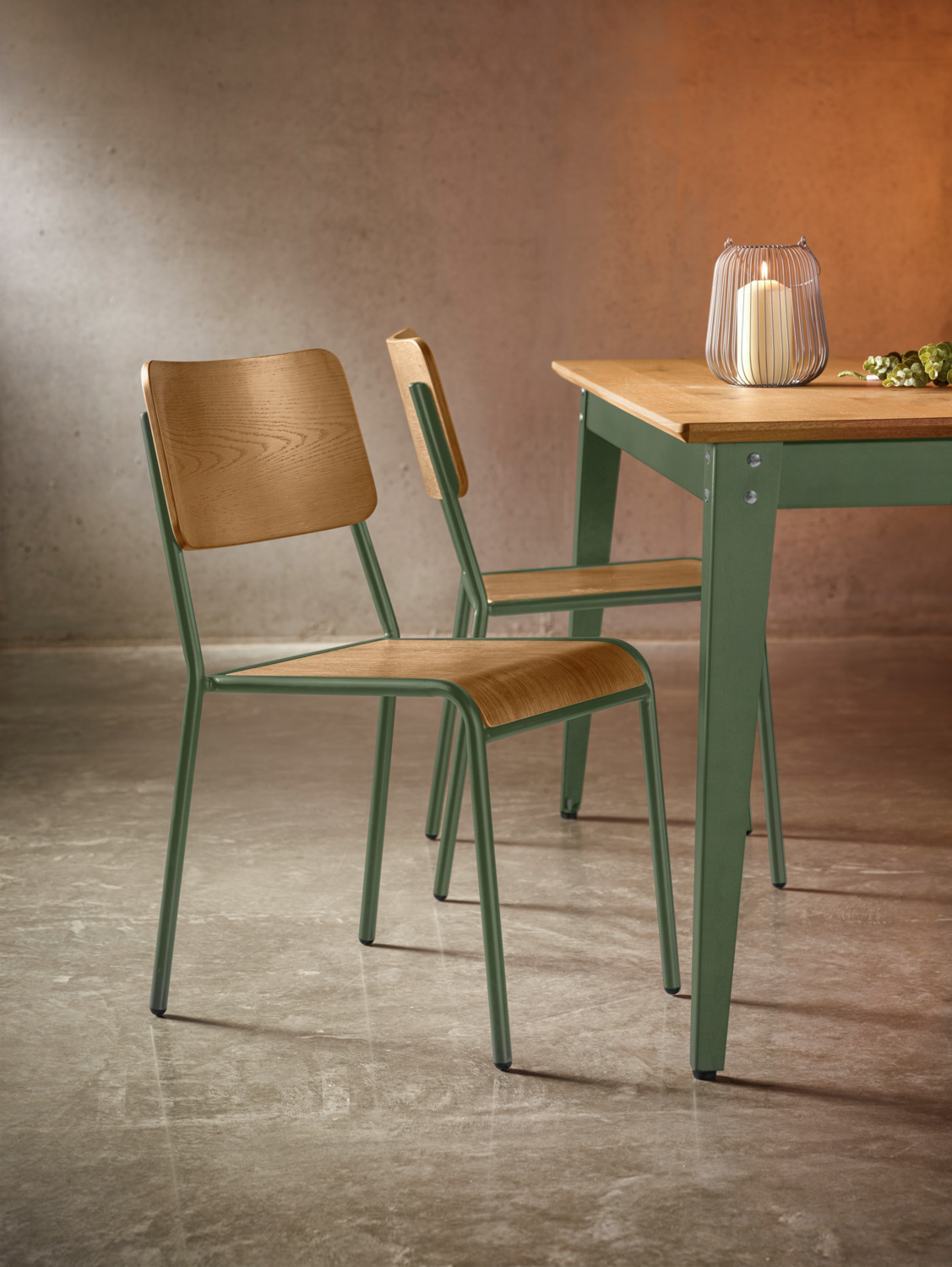 VEGA Acerios Dining Table, Wild Oak Real Wood Veneer, Olive Powder-Coated Steel Base, Rectangular 160x80x76 cm, Industrial Design, FSC-certified