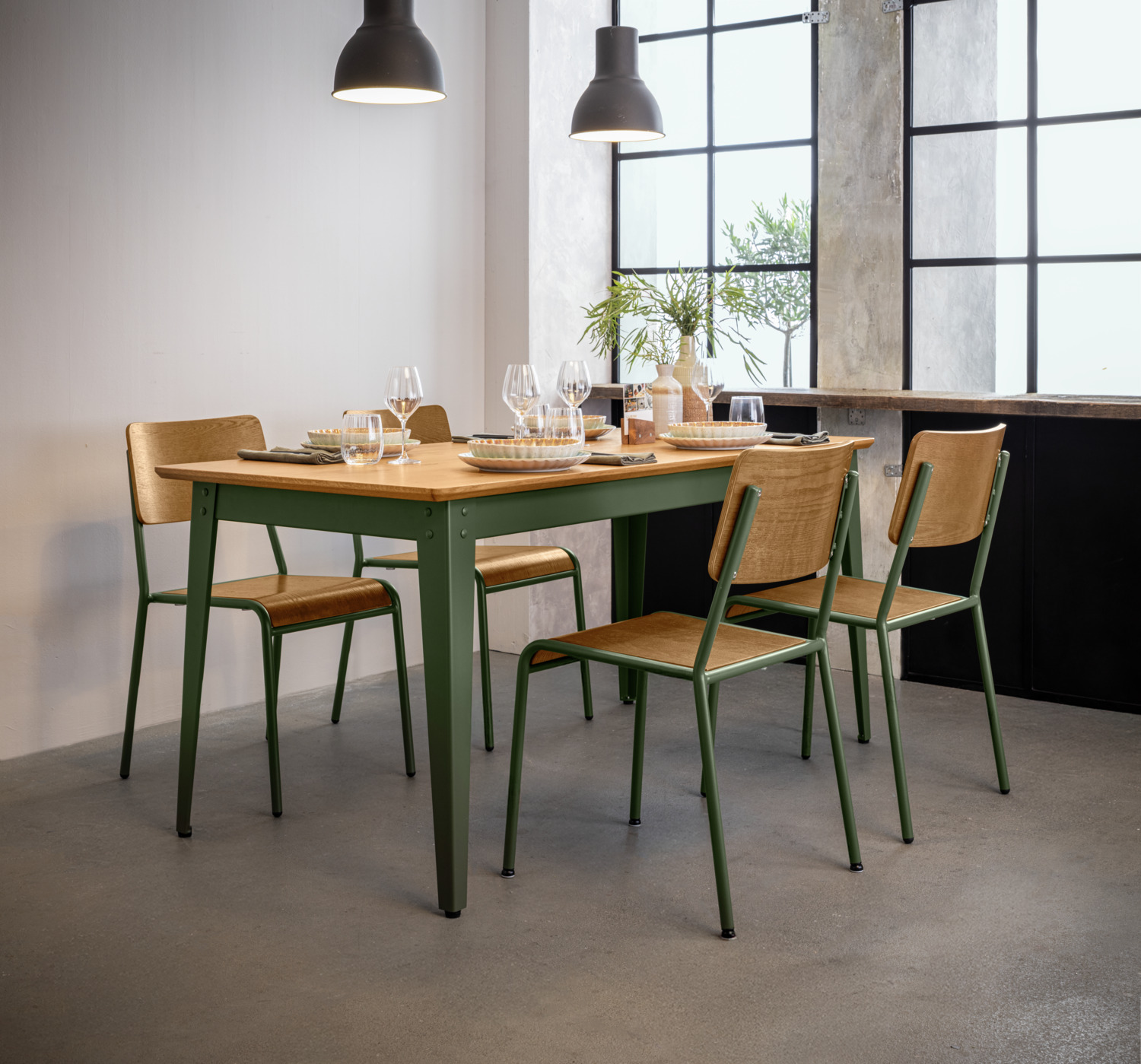VEGA Acerios Dining Table, Wild Oak Real Wood Veneer, Olive Powder-Coated Steel Base, Rectangular 160x80x76 cm, Industrial Design, FSC-certified