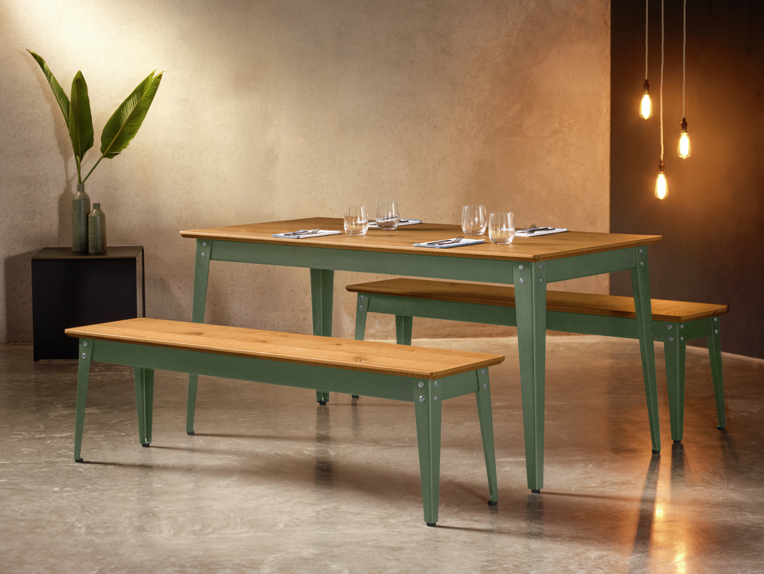 VEGA Acerios Dining Table, Wild Oak Real Wood Veneer, Olive Powder-Coated Steel Base, Rectangular 160x80x76 cm, Industrial Design, FSC-certified