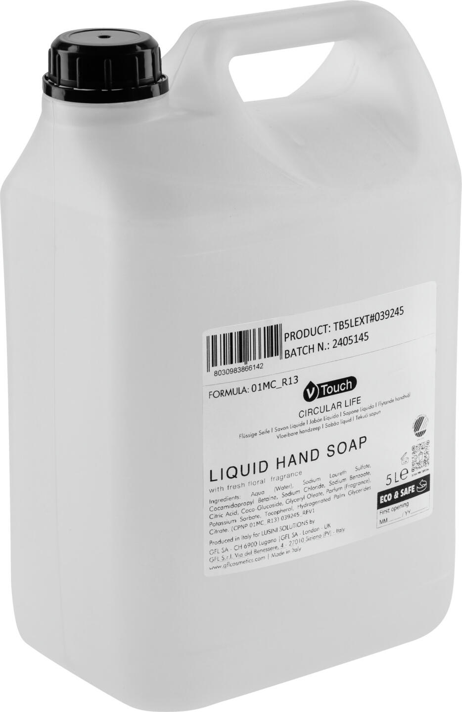 V-Touch LUSINI Solutions GmbH Hotel liquid soap Circular Life canister Hotel Flüssigseife Circular Life Kanister Hotel liquid soap Circular Life canister; 5000 ml; transparent; 2 piece / pack Hotel Flüssigseife Circular Life Kanister; 5000 ml; transparent; 2 Stück / Pack Delicately scented liquid hand soap from V-Touch Circular Life awarded the Nordic Swan Ecolabel. Based on mild, nourishing and environmentally friendly ingredients that gently and effectively cleanse the skin. The dermatologically tested cleansing formula with soothing active ingredients washes the skin thoroughly and leaves it feeling soft and comfortable. The fresh, floral fragrance with a woody note ensures a gentle and relaxing skin care experience. Dermatologically tested and pH-neutral! Zart duftende flüssige Handseife von V-Touch Circular Life mit dem Nordic Swan Ecolabel ausgezeichnet. Basiert auf milden, pflegenden und umweltfreundlichen Inhaltsstoffen, die die Haut sanft und effektiv reinigen. Die dermatologisch geprüfte Reinigungsformel mit beruhigenden Wirkstoffen wäscht die Haut gründlich und hinterlässt ein weiches und angenehmes Hautgefühl. Der frische, blumige Duft mit einer holzigen Note sorgt für ein zartes und entspannendes Pflegeerlebnis. Dermatologisch getestet und pH-neutral!