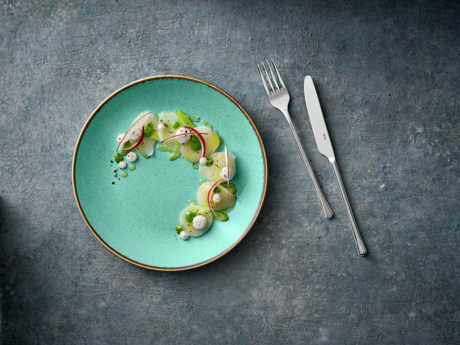 VEGA Sidina Porcelain Flat Plates, Turquoise Coupe Shape Round Dinnerware, 24 cm Diameter, Dishwasher and Microwave Safe, Set of 6 Pieces