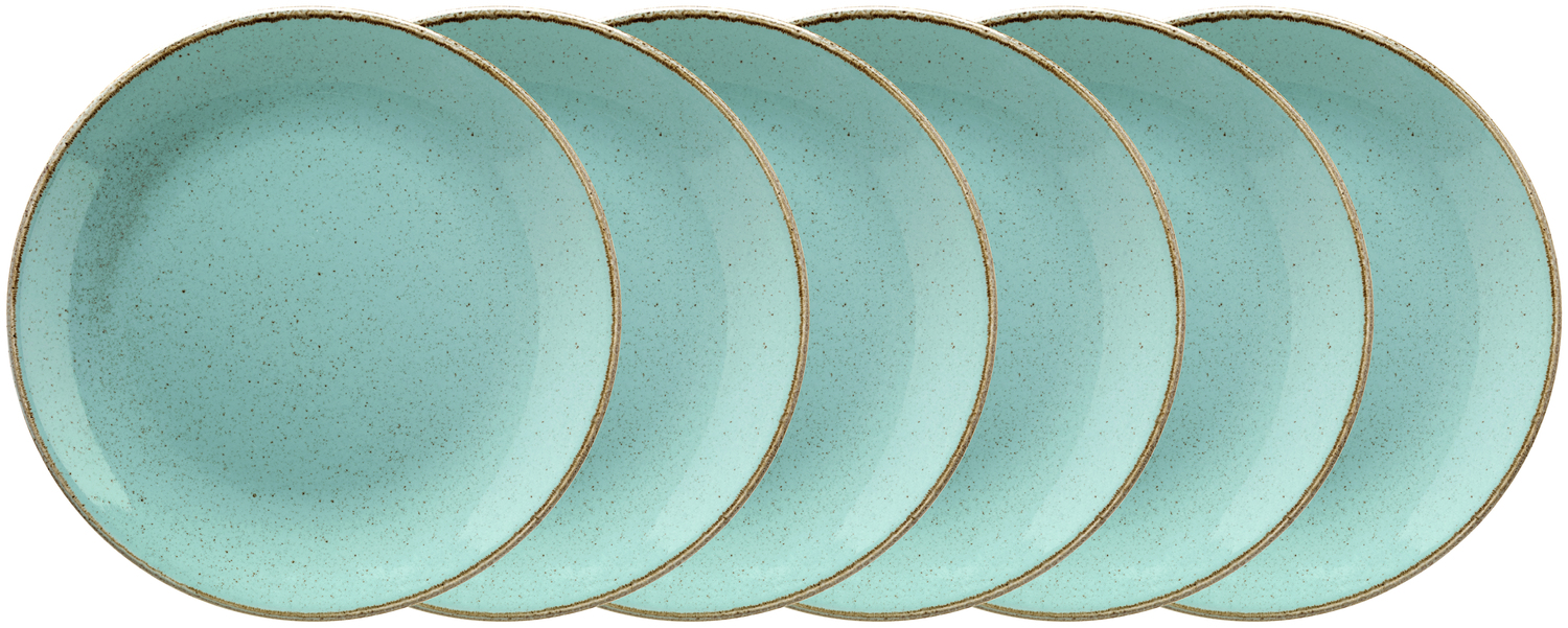 VEGA Sidina Porcelain Flat Plates, Turquoise Coupe Shape Round Dinnerware, 24 cm Diameter, Dishwasher and Microwave Safe, Set of 6 Pieces