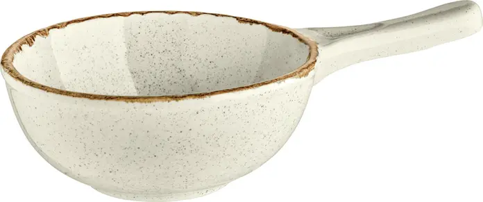 VEGA Sidina Porcelain Serving Pan Set of 2, 600ml Beige Round Dish with Handle, Ceramic Look Glaze, Microwave and Dishwasher Safe, 16.5cm Diameter
