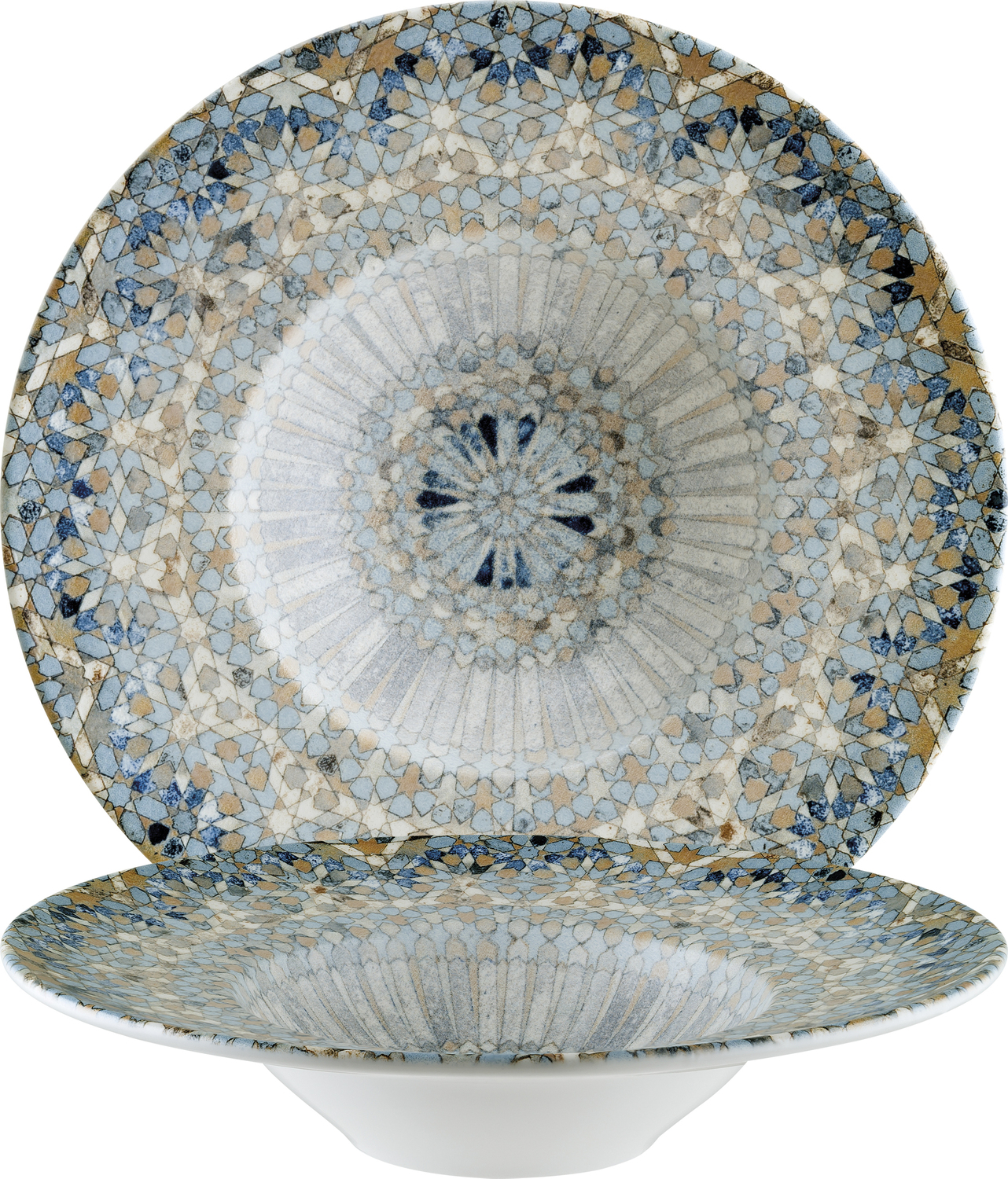 Bonna Luca Mosaic Porcelain Pasta Plates, 28 cm Round Deep Plates, Multicoloured Mosaic Pattern, Dishwasher and Microwave Safe, Set of 6