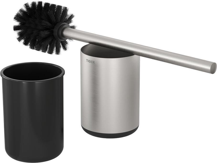 Set perie toaleta TIGER Cooper cu suport, otel inoxidabil periat si ABS, argintiu si negru, inaltime 39.1 cm, cu capac rubber flexibil