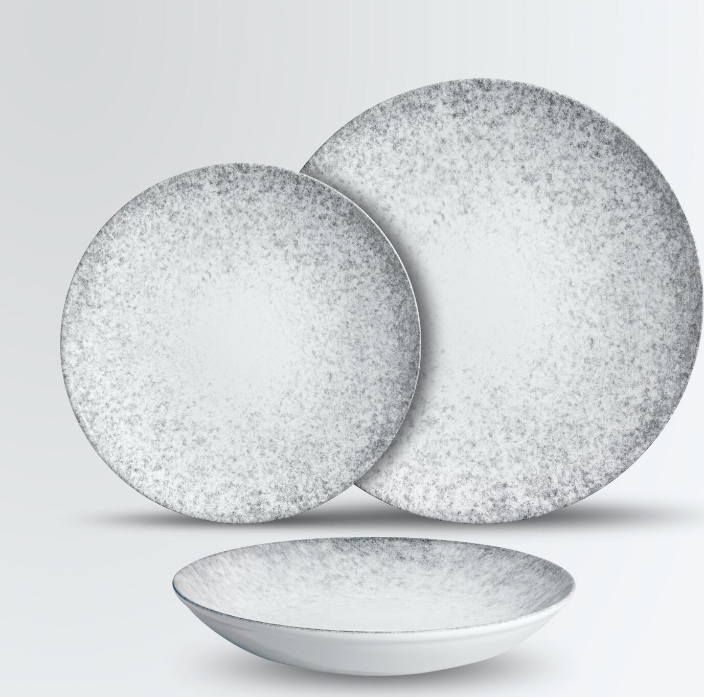 Set de 3 piese probe din porțelan VEGA Aracaju, gri, include farfurii plate 16cm și 25cm, farfurie adâncă 22cm