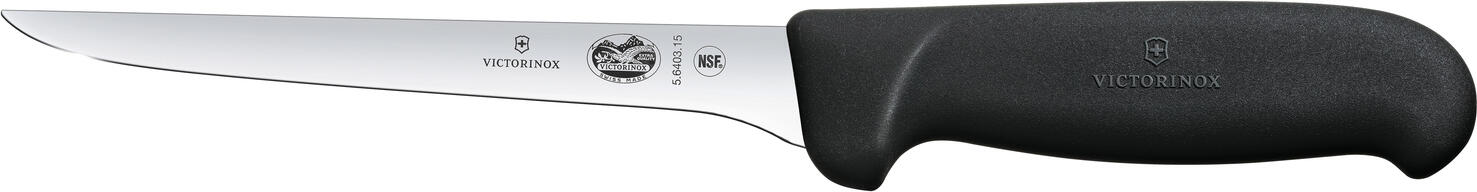 Victorinox Victorinox AG Boning knife Fibrox curved Ausbeinmesser Fibrox gebogen Boning knife Fibrox curved; Blade length 15 cm, 28.9 cm (L); silver/black Ausbeinmesser Fibrox gebogen; Klingenlänge 15 cm, 28.9 cm (L); silber/schwarz From professionals for professionals Non-slip handles guarantee safe working Particularly high edge retention for a long service life Outstanding sharpness and maximum stability The Fibrox collection was developed for professional chefs, but is also popular with amateur chefs due to its optimum performance and precise cuts. The non-slip, ergonomic handles sit comfortably in the hand and are easy on the wrist. This makes cooking and cutting fun! Extra-sharp stainless steel blades glide through even the thickest cuts of meat and sophisticated special knives handle a variety of kitchen tasks - from filleting fish to glazing cakes. Material handle: Thermoplastic elastomers (TPE) combine the easy processing of thermoplastics with the advantages of elastomers. They are extremely flexible even at high temperatures, very robust and have high impact and notch resistance even at low temperatures. TPE materials can withstand temperatures of up to 110°C. Von Profis für Profis Rutschfeste Griffe garantieren sicheres Arbeiten Besonders hohe Schnitthaltigkeit für eine lange Lebensdauer Hervorragende Schärfe und maximale Stabilität Die Fibrox Kollektion wurde für Profiköche entwickelt, ist aber auch bei Hobbyköchen aufgrund ihrer optimalen Performance und präzisen Schnitte beliebt. Die rutschfesten, ergonomischen Griffe liegen gut in der Hand und schonen das Handgelenk. So machen Kochen und Schneiden Spaß! Extra scharfe Klingen aus rostfreiem Stahl gleiten selbst durch die dicksten Fleischstücke und ausgereifte Spezialmesser erledigen verschiedene Küchenaufgaben – vom Filetieren von Fisch bis zum Glasieren von Torten. Material Griff: Thermoplastische Elastomere (TPE) kombinieren die einfache Verarbeitung von Thermokunststoffen mit den Vorteilen von Elastomeren. Sie sind auch bei hohen Temperaturen extrem flexibel, sehr robust und besitzen sogar bei niedrigen Temperaturen eine hohe Schlag- und Kerbschlagfestigkeit. TPE-Materialien halten Temperaturen von bis zu 110 °C stand.