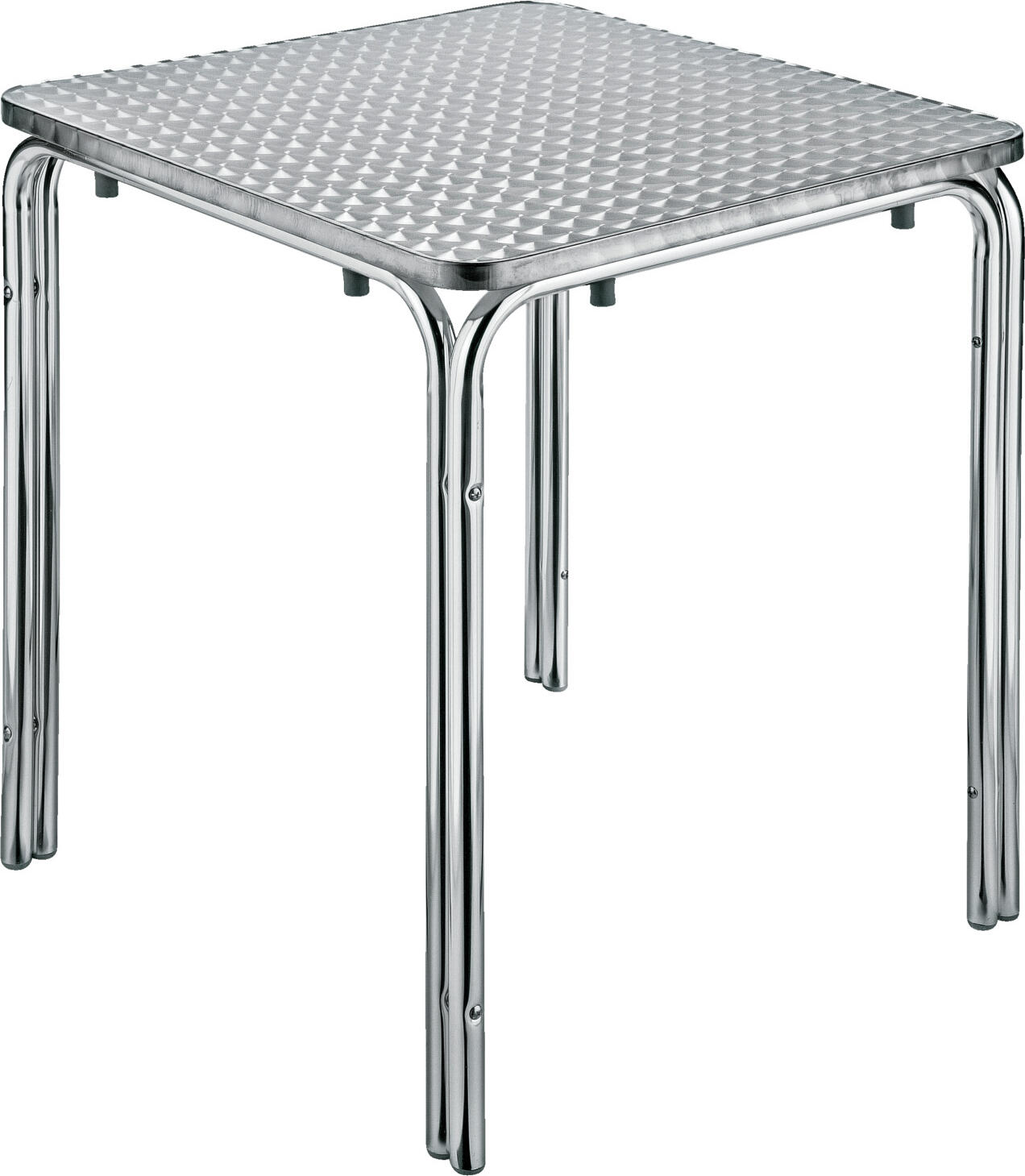Masa Exterior Pătrată PULSIVA Limona, 80x80x70 cm, Cadru Aluminiu Anodizat, Blat Oțel Inoxidabil, Stivuibilă, Rezistentă la Intemperii, Argintie
