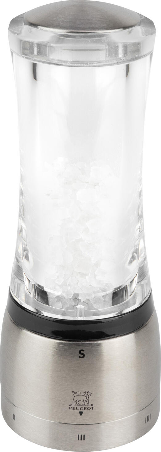 Peugeot Daman Salt Mill, 16 cm, Stainless Steel and Acrylic, u'Select 6 Grind Settings, Zirlion Corrosion-Resistant Mechanism, Silver/Transparent